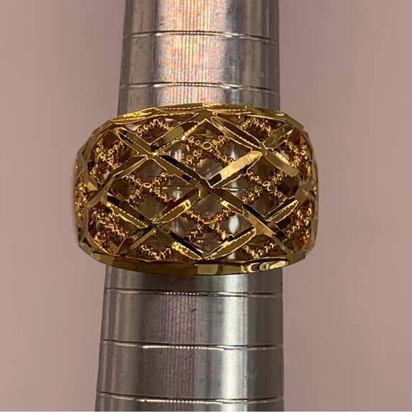 Gold plated dome statement ring with open cross hatching and scroll work 7 - Picture 3 of 9